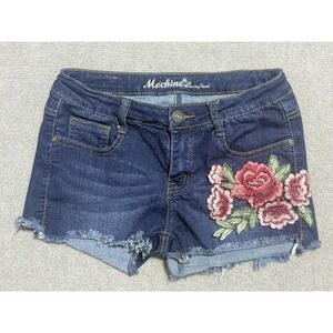 Machine Shorts Womens Medium Blue Denim Embroidered Floral Distressed Frayed Hem
